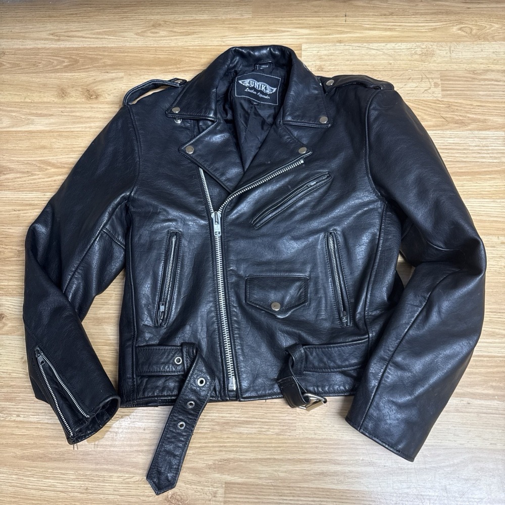 Vintage Leather Biker Jacket Men's 38 Motorcycle Moto Heavy Belted Black Unik